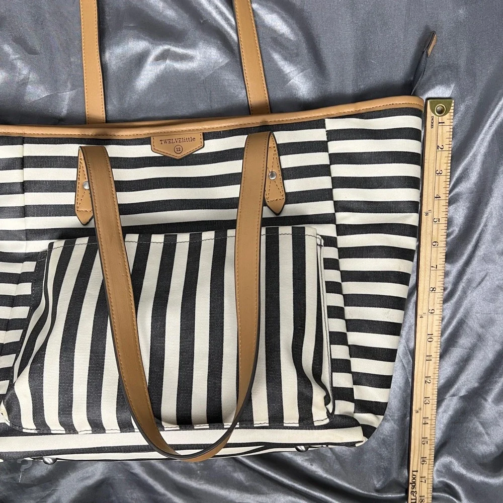 TWELVElittle Stripe Diaper Bag Tote Black White Tan Coated Canvas Large Carryall